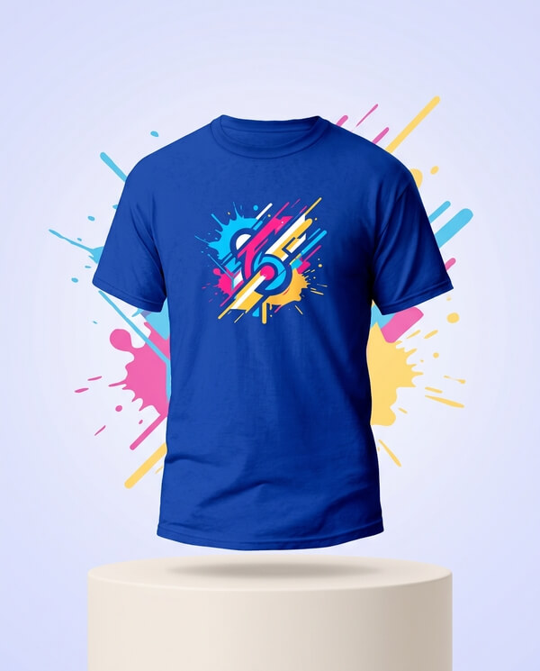 Blue custom printed T-shirt with a colorful design