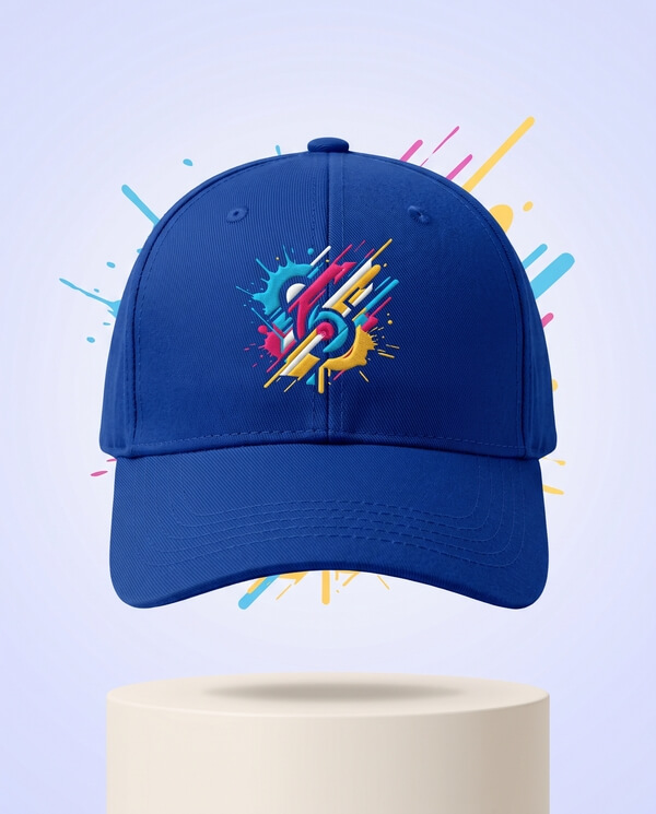 Blue custom embroidered cap with a colorful design
