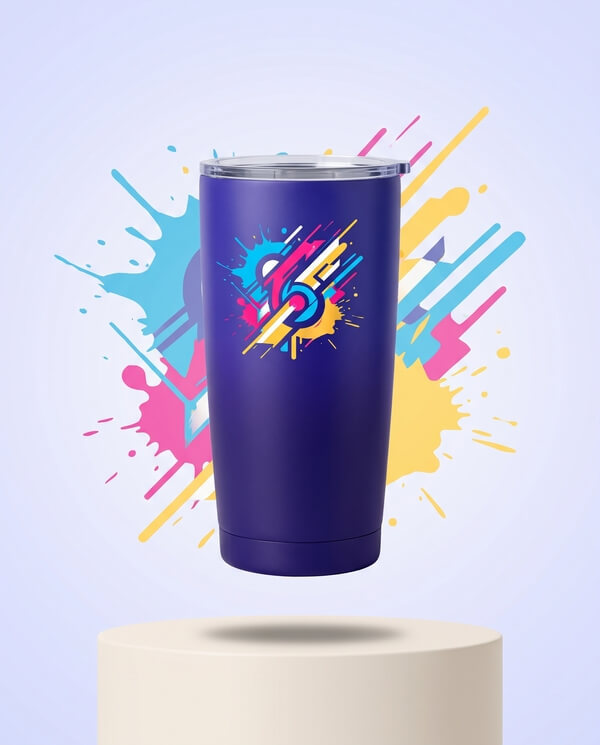 Blue and purple custom tumbler with a colorful design
